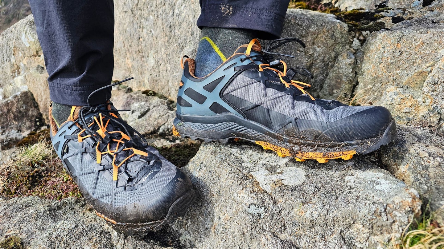 Hiker wearing AKU Rocket DFS GTX on technical terrain