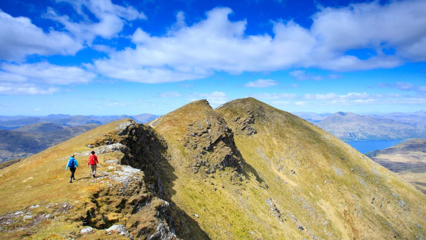 Walkers on Ben Lomond summit ridge in the Scottish Highlands, Trail 100