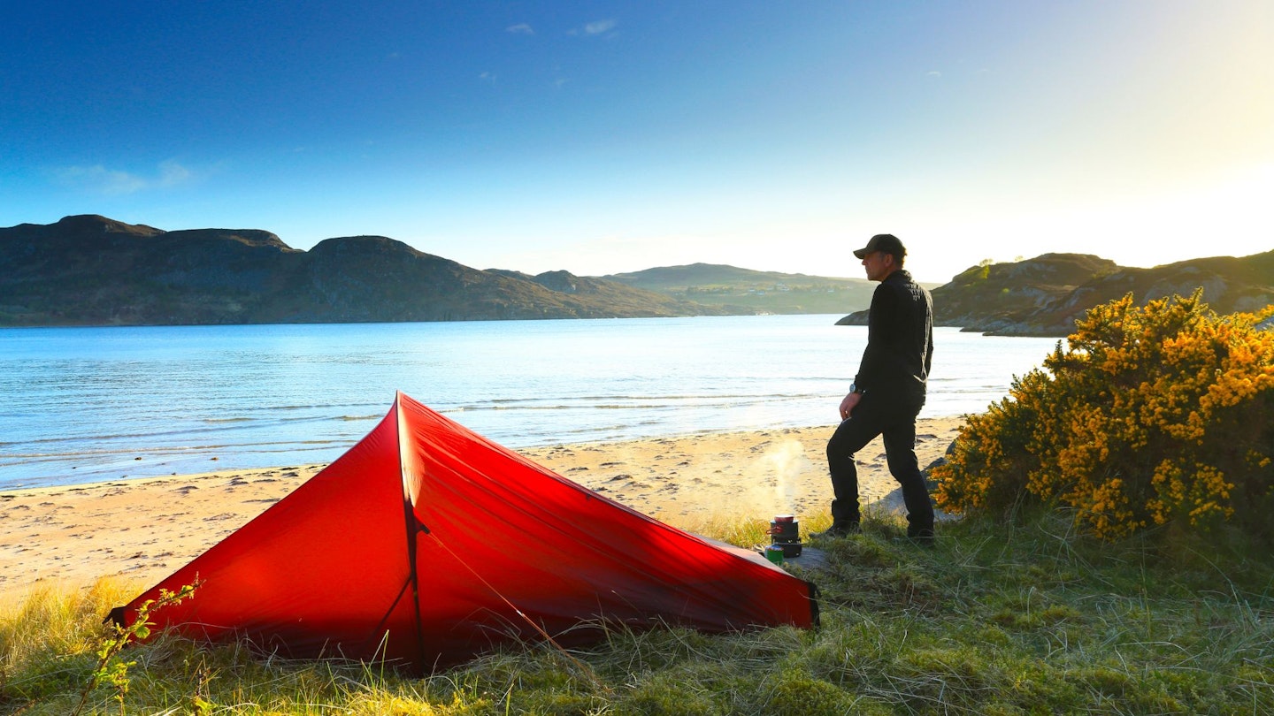 Hiker's campsite by a lake, Scotland