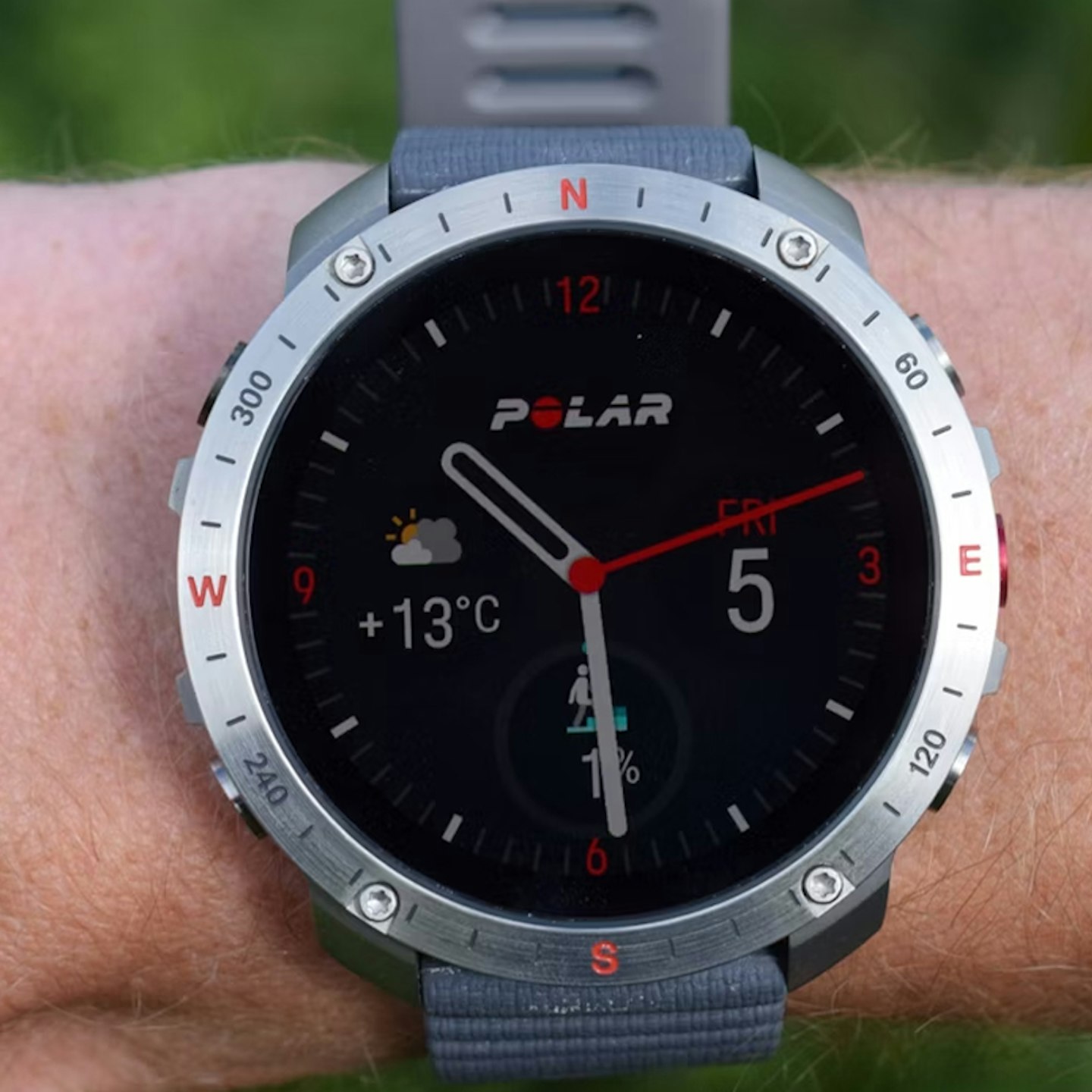 Clock face of Polar Grit X2 Pro GPS running smartwatch