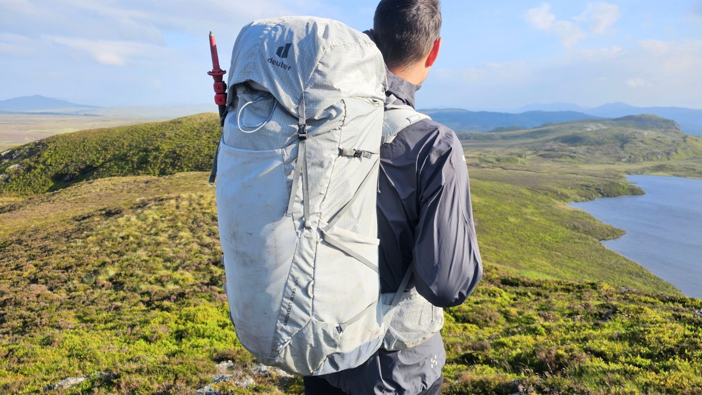 Hiker wearing Deuter Aircontact Ultra 50+5 rear view