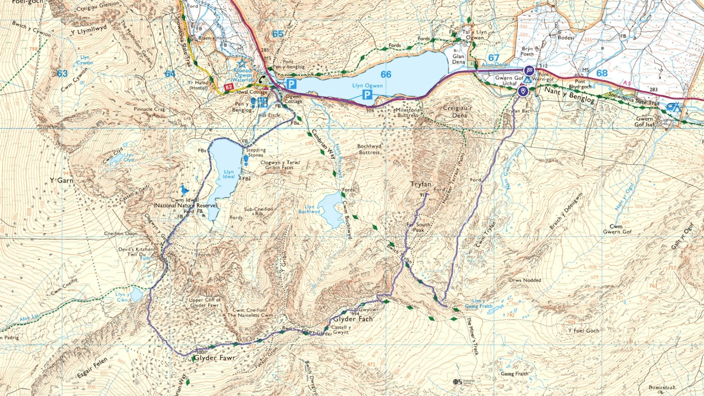 Glyderau three peaks map