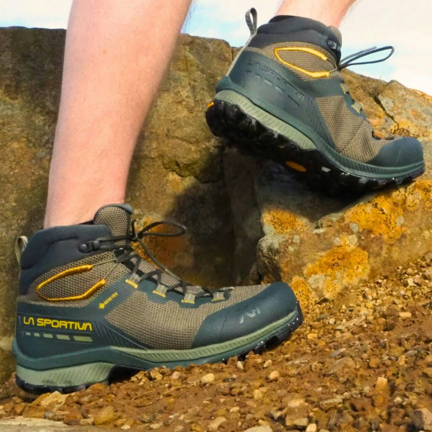 Closeup of hiker wearing La Sportiva TX Hike Mid GTX Hiking Boots