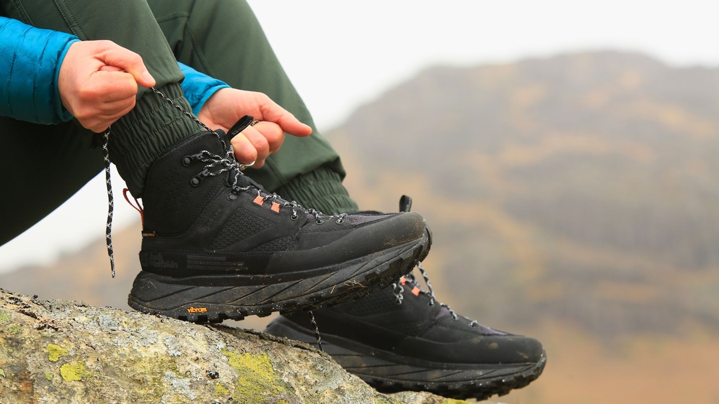 Closeup of LFTO tester wearing lightweight walking boots