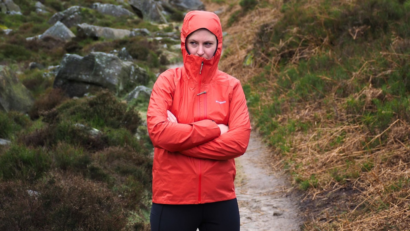 Patagonia Storm Racer Waterproof Jacket with hood up