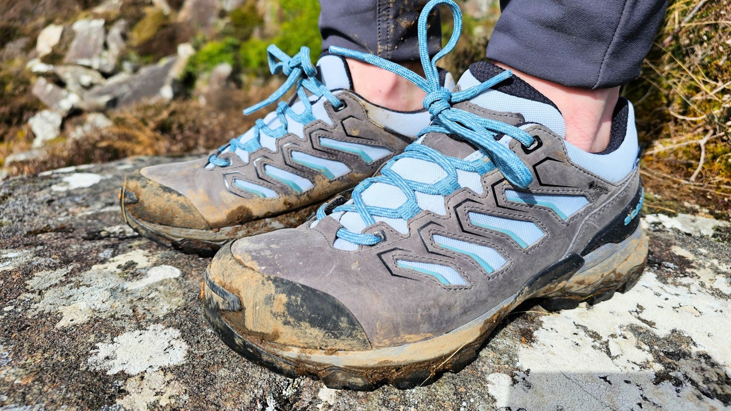 Closeup of LFTO tester wearing Scarpa Moraine GTX shoes 