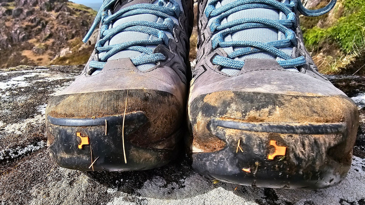 Closeup of Scarpa Moraine GTX toecaps