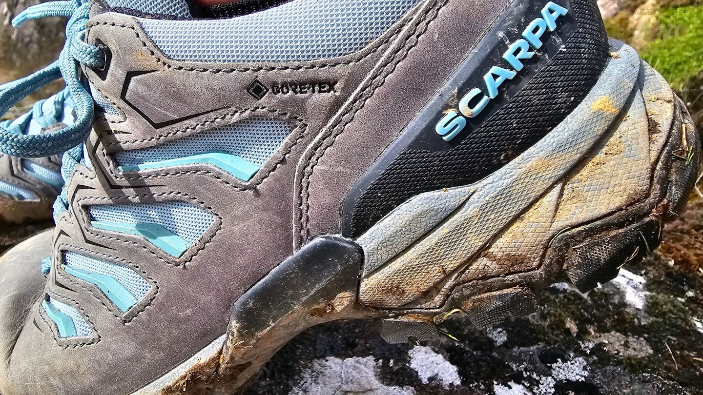 Closeup of Scarpa Moraine GTX upper and midsole