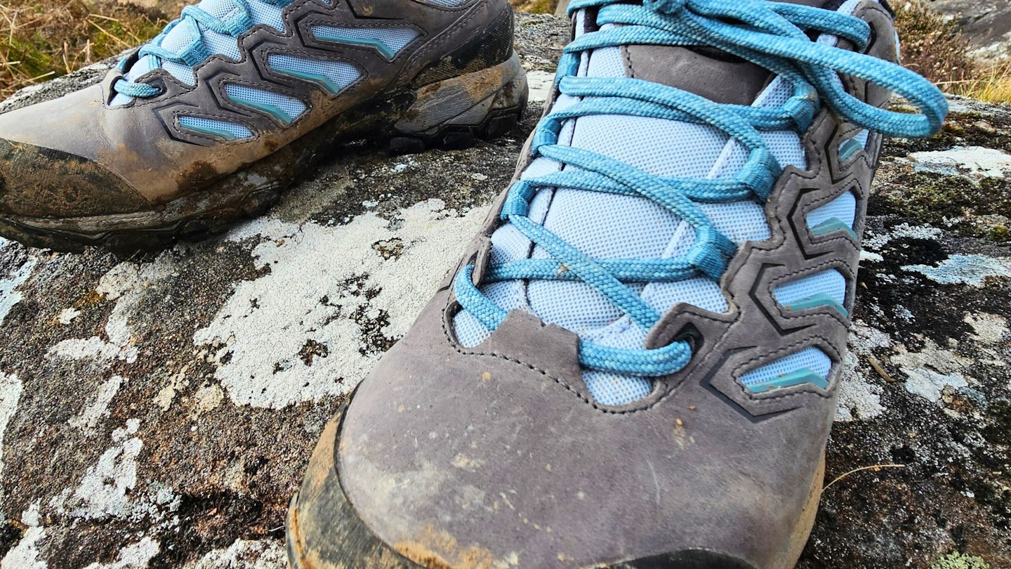 Closeup of Scarpa Moraine GTX lacing and upper