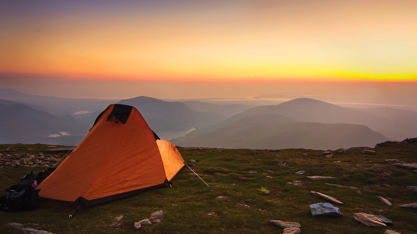 Wild camping on Snowdon at dusk