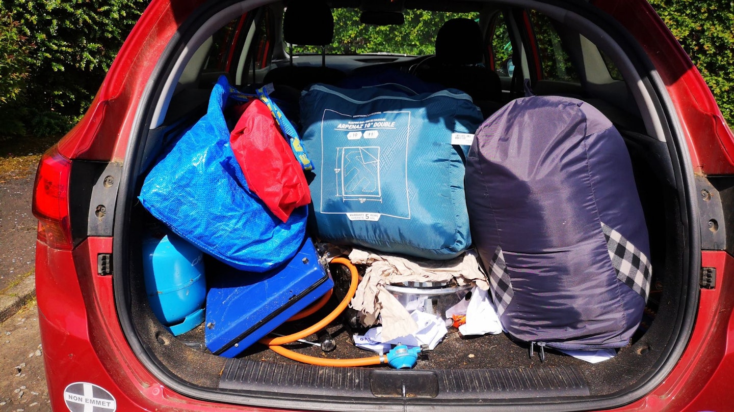 The sleeping bags taking up space in the car