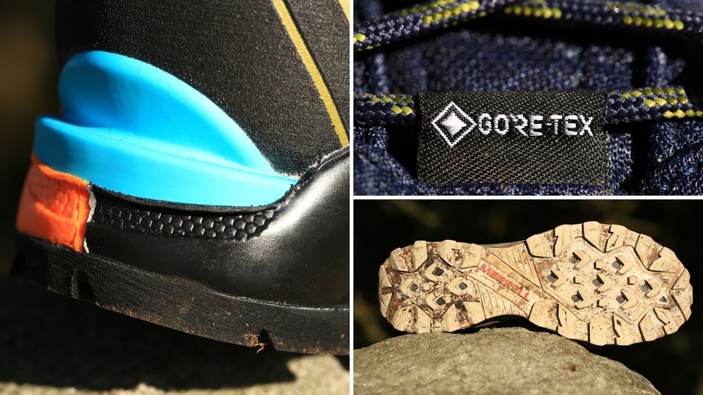 Three photos of vegan walking boot details